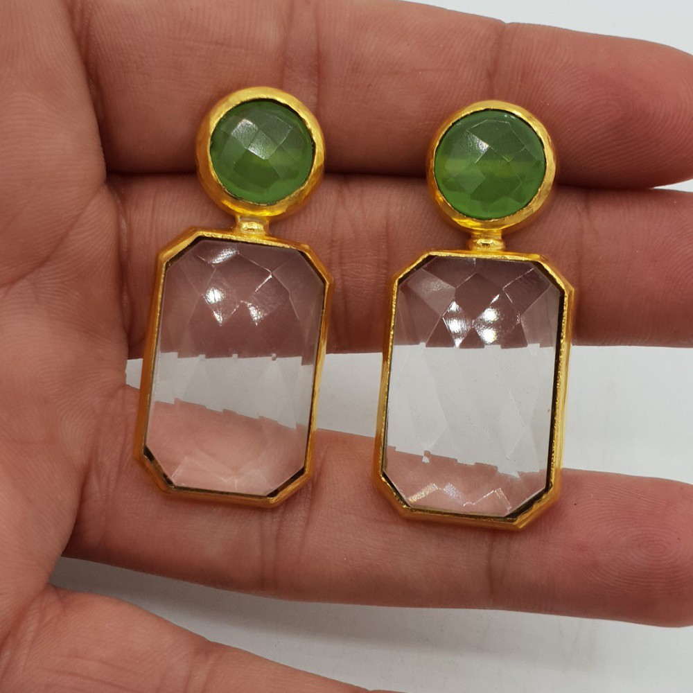 Goud vergulde oorbellen met Kristal en groene Chalcedoon