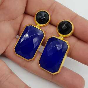 Gold-plated drop earrings with black Onyx and blue Chalcedony