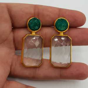 Gold plated earrings with crystals and green raw Agate stone