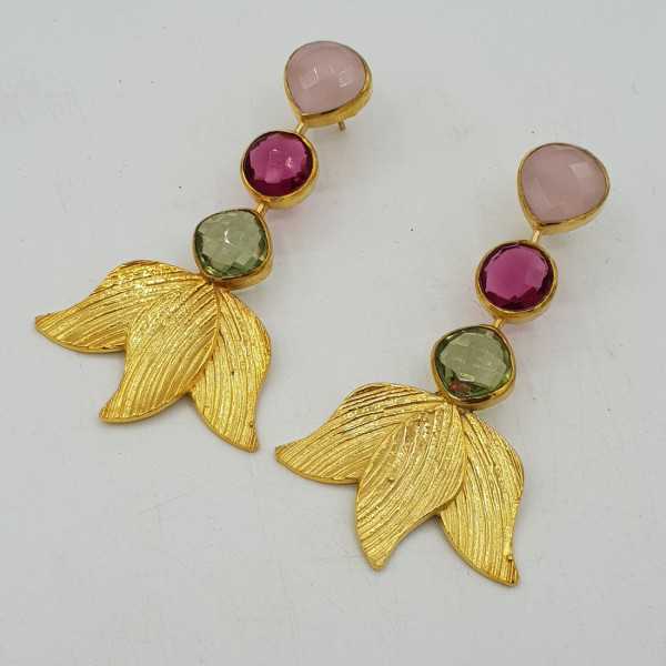 Gold-plated drop earrings with Chalcedony, green Amethyst, and pink Tourmaline, quartz