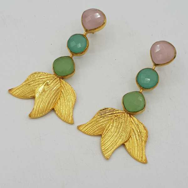 Gold-plated drop earrings with pink, green and aqua Chalcedony
