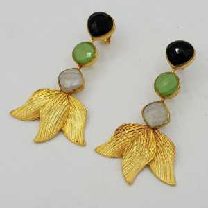Gold-plated drop earrings with green Chalcedony, black Onyx, and Moonstone