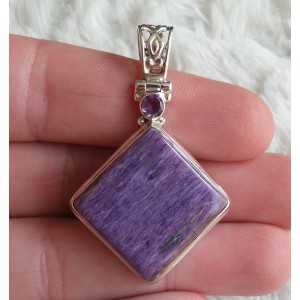 Silver pendant with square Charoiet and Amethyst 