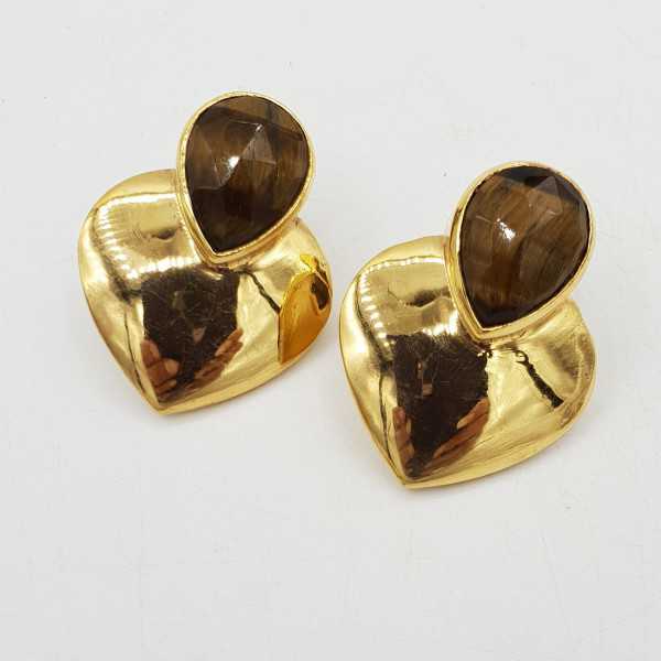 Gold-plated drop earrings heart set with tiger's eye
