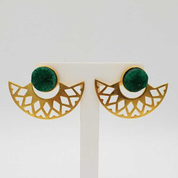 The gold-plated fan drop earrings with raw green Agate stone