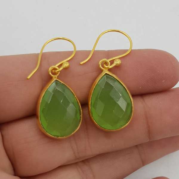 Gold-plated drop earrings with a teardrop shaped green Chalcedony