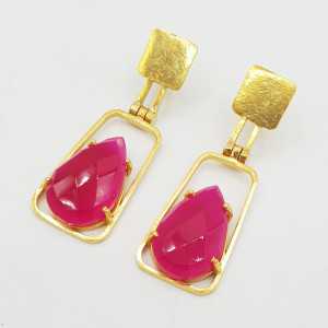 Gold plated earrings with oval fuchsia pink Chalcedony