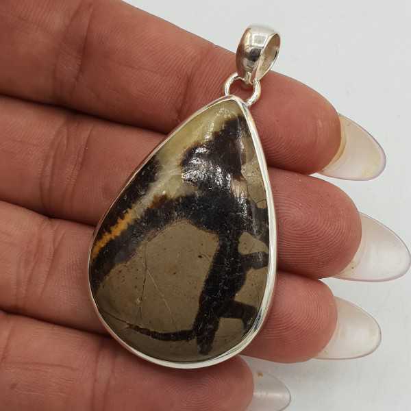Silver gemstone pendant with drop-shaped Septaria