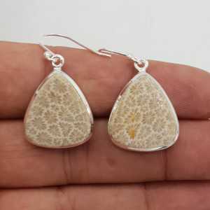 Silver drop earrings set with Fossilized Coral