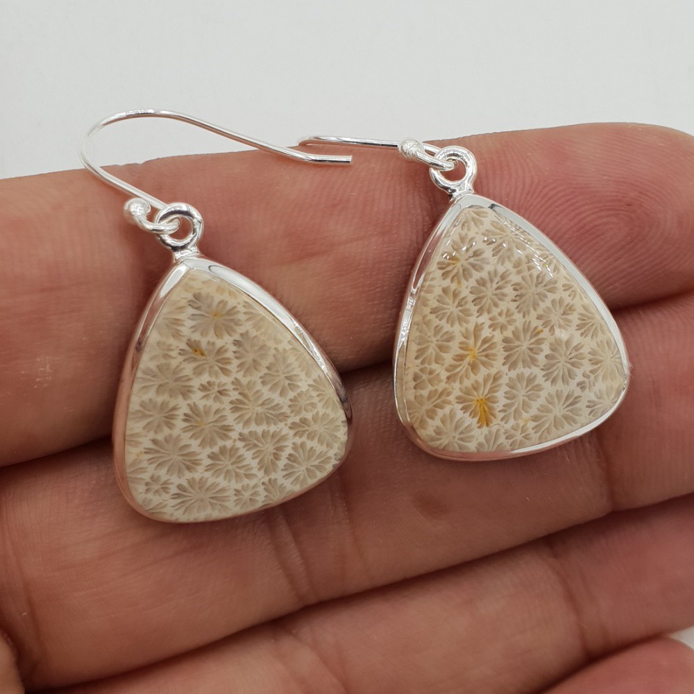 Silver drop earrings set with Fossilized Coral