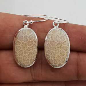 Silver drop earrings set with oval Fossil Coral