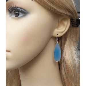 Silver earrings with small oval shape blue Chalcedony briolet
