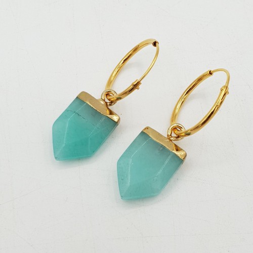 Vergulde creolen met punt hanger van aqua quartz