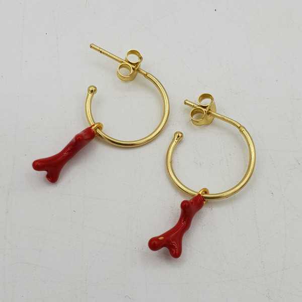 Gold, gold, gold-plated, half creole, with a red coral and resin pendant