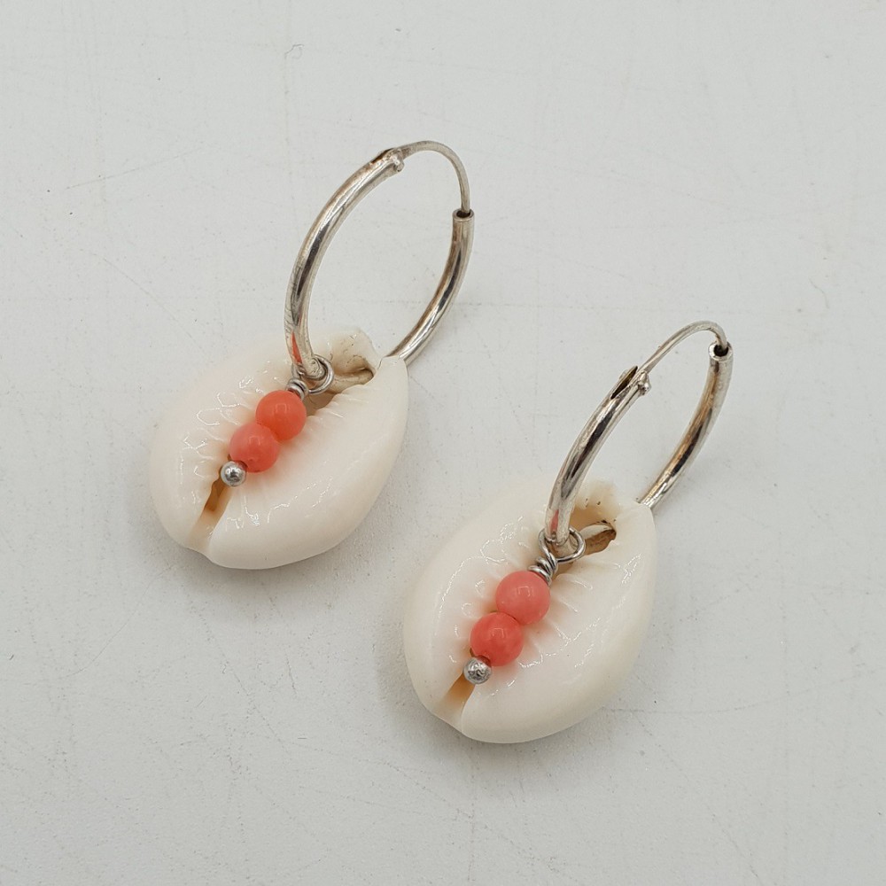 925 Sterling creoles Cowrie, Coral