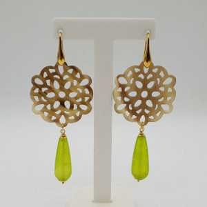 Gold-plated drop earrings in buffalo horn and green Jade
