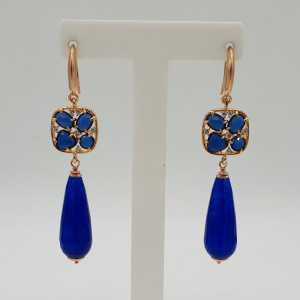 Rose gold-plated drop earrings with blue Jade, and cat's eye