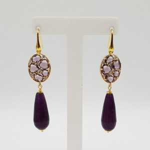 Gold-plated drop earrings with purple Jade and purple crystal