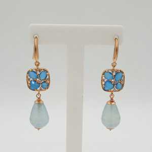 Rose gold-plated drop earrings with light blue Jade and cat's eye