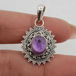 Silver heart pendant oval shaped Amethyst crafted setting