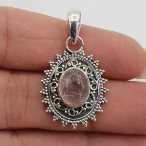 Silver pendant oval rose quartz carved setting