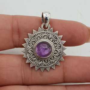 Silver pendant, round, Amethyst, crafted setting