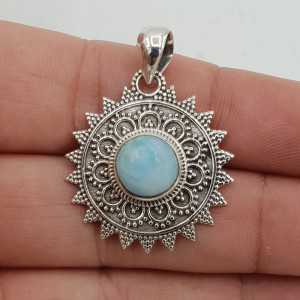 Silver earrings, round Larimar carved setting