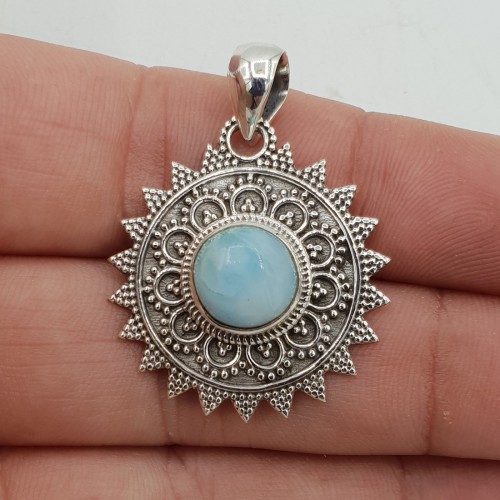 Zilveren hanger ronde Larimar bewerkte setting