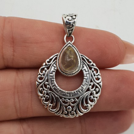 Zilveren hanger druppelvormige gouden Rutielkwarts bewerkte setting
