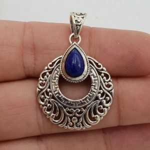 Silver pendant oval Lapis Lazuli carved setting