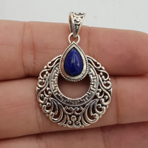 Zilveren hanger druppelvormige Lapis Lazuli bewerkte setting