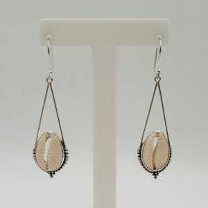 Silver long drop earrings with Cowrie shells
