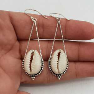 Silver long drop earrings with Cowrie shells