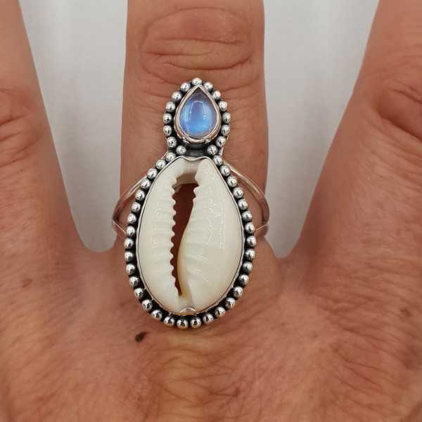 A silver ring set with Cowrie shells and rainbow Moonstone