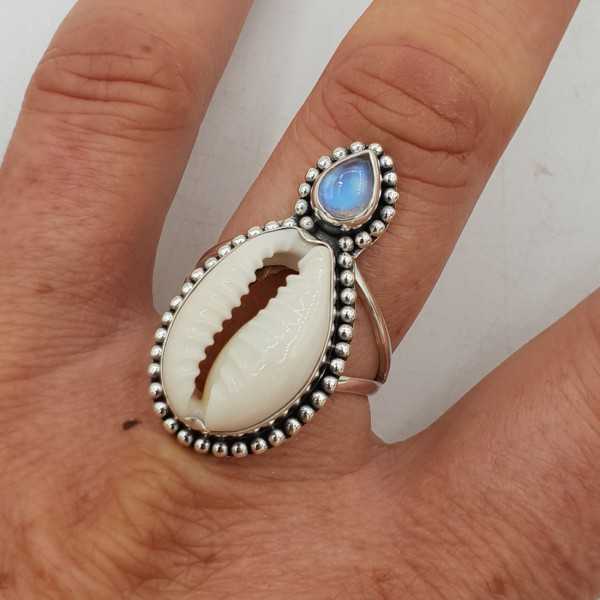 A silver ring set with Cowrie shells and rainbow Moonstone