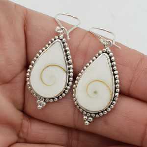 925 Sterling silver drop earrings with a teardrop shaped Shiva shell and