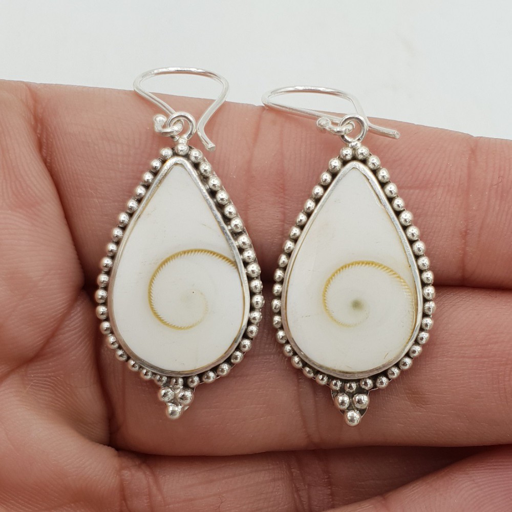 925 Sterling silver drop earrings with a teardrop shaped Shiva shell and