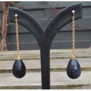 Gold plated long earrings with blue Goudsteen briolet