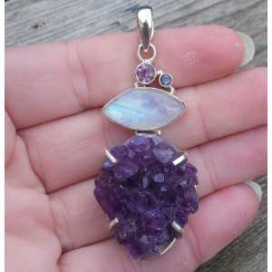 Silver pendant with druzy Amethyst, Amethyst and Moonstone 