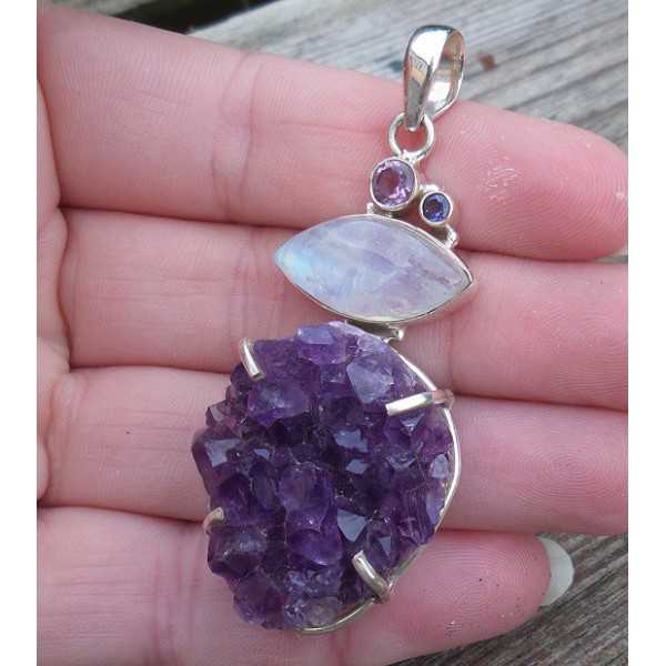 Silver pendant with druzy Amethyst, Amethyst and Moonstone 