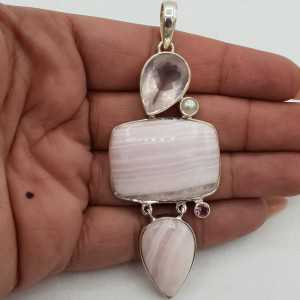 925 Sterling silver heart pendant set with pink, pink, pink Aragonite, and rose quartz