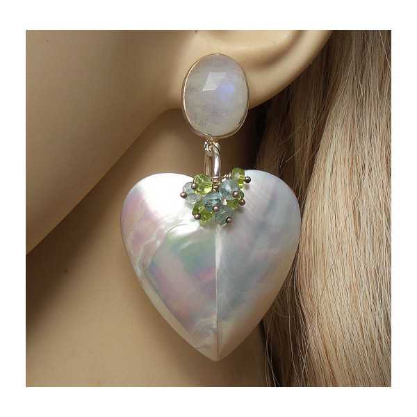 Silver earrings heart, shell, Moonstone, Topaz, and Peridot