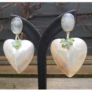 Silver earrings heart, shell, Moonstone, Topaz, and Peridot