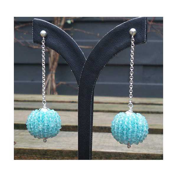 Silver long earrings with large globe of facet Aquamarine 