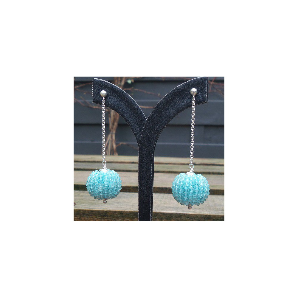 Silver long earrings with large globe of facet Aquamarine 