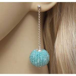 Silver long earrings with large globe of facet Aquamarine 