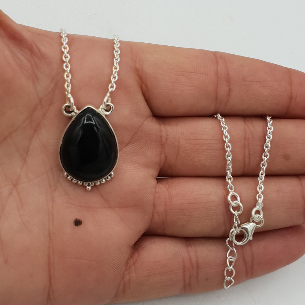 925 Sterling Silber Kette Halskette mit einem tropfenförmigen schwarzen Onyx-Anhänger