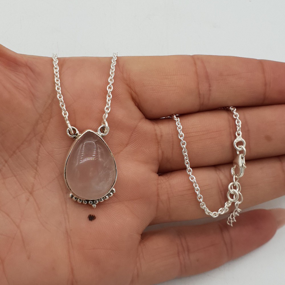 925 Sterling Silber Halskette mit tropfenförmigem Rosenquarz-Anhänger