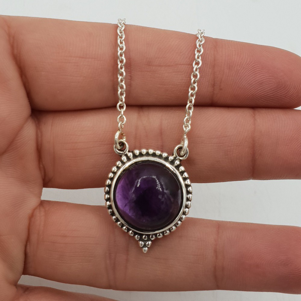 925 Sterling Silber Halskette mit Runden Amethyst-Anhänger