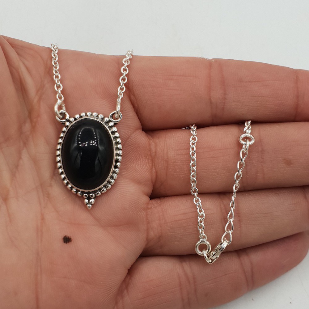 925 Sterling Silber Kette mit einem ovalen schwarzen Onyx-Anhänger